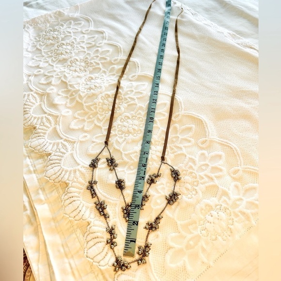 Necklace Crystal and Bead Clusters Two Strand Ribbon Tie - Picture 12 of 13